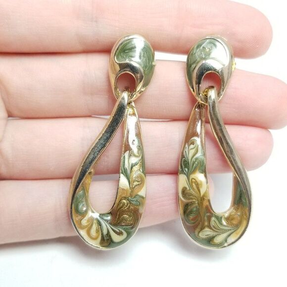 Vintage Funky Door Knocker Style Dangle Post Earrings, Gold Tone Enamel Estate - Picture 5 of 6